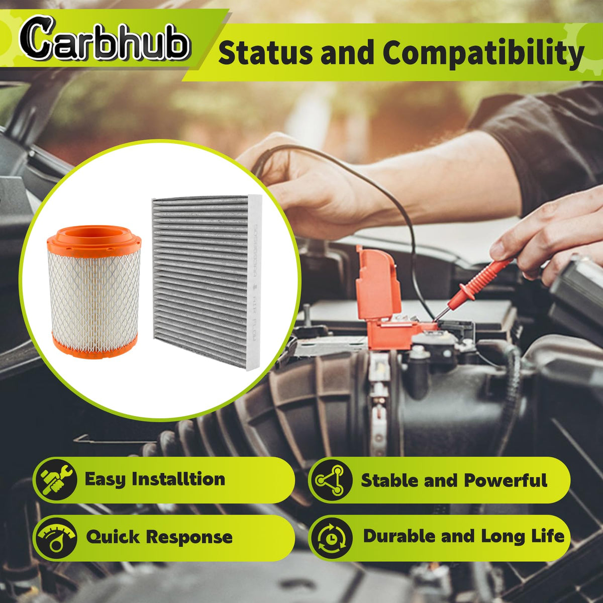 Carbhub engine filter pleated media close-up, improved particle capture benefit