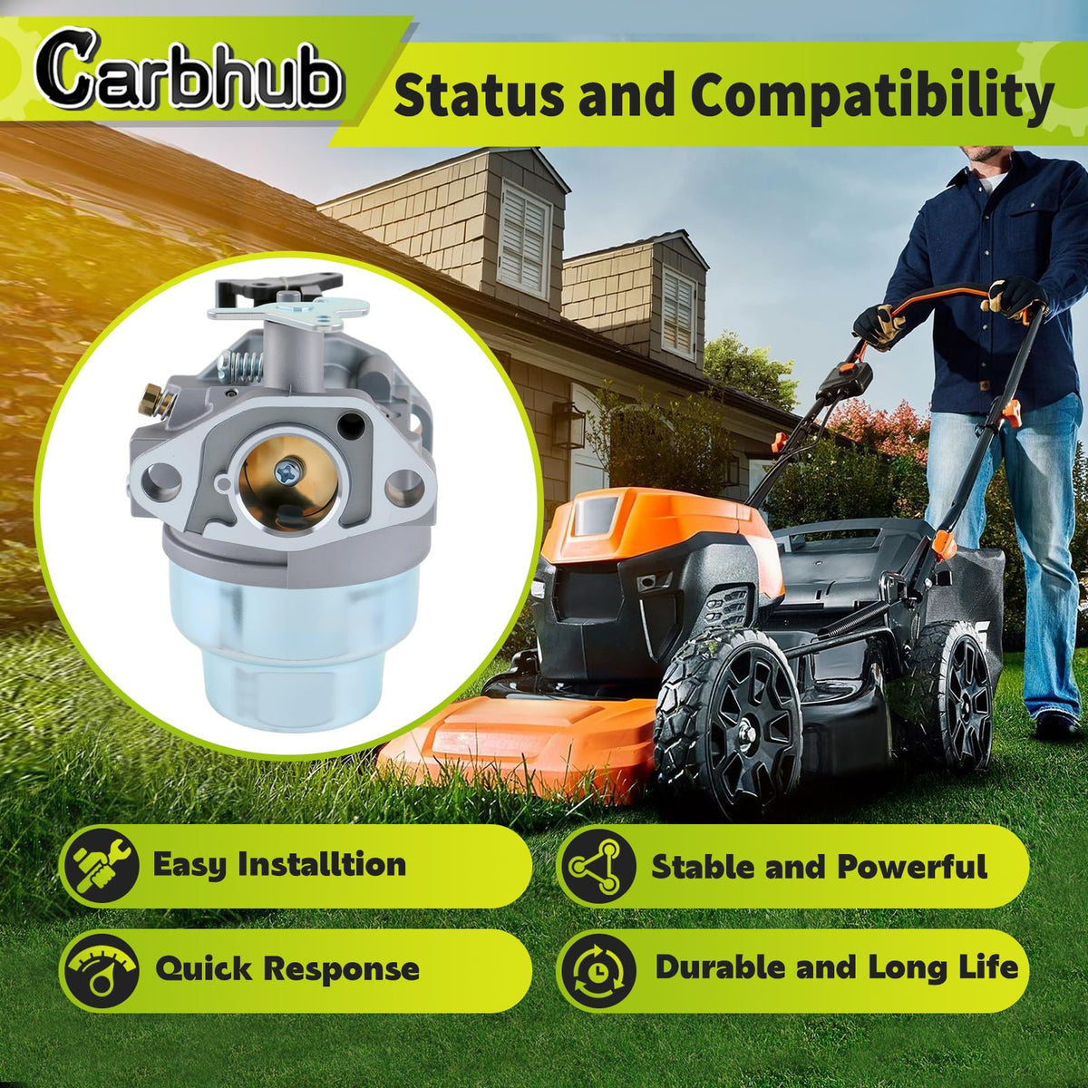 Carbhub carburetor side assembly highlighting durable construction benefit