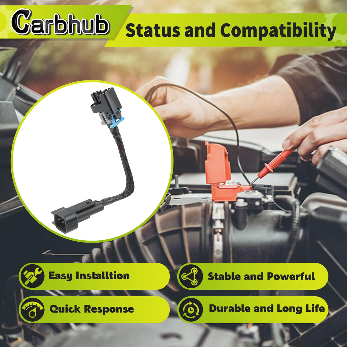 Carbhub pigtail installed in engine bay illustrating easy plug-and-play benefit
