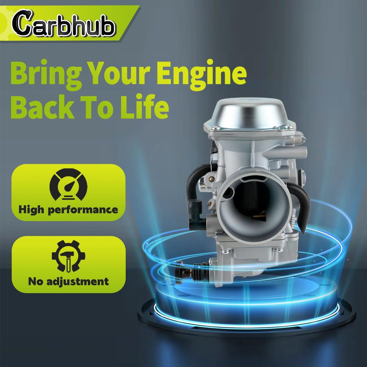 Carbhub carburetor beside a ruler showing compact size for straightforward swap