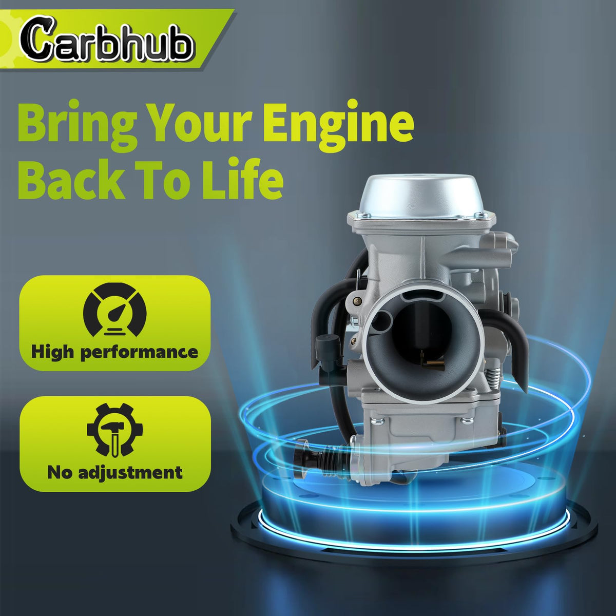 Carbhub carburetor beside spark plug and filters to show included service parts