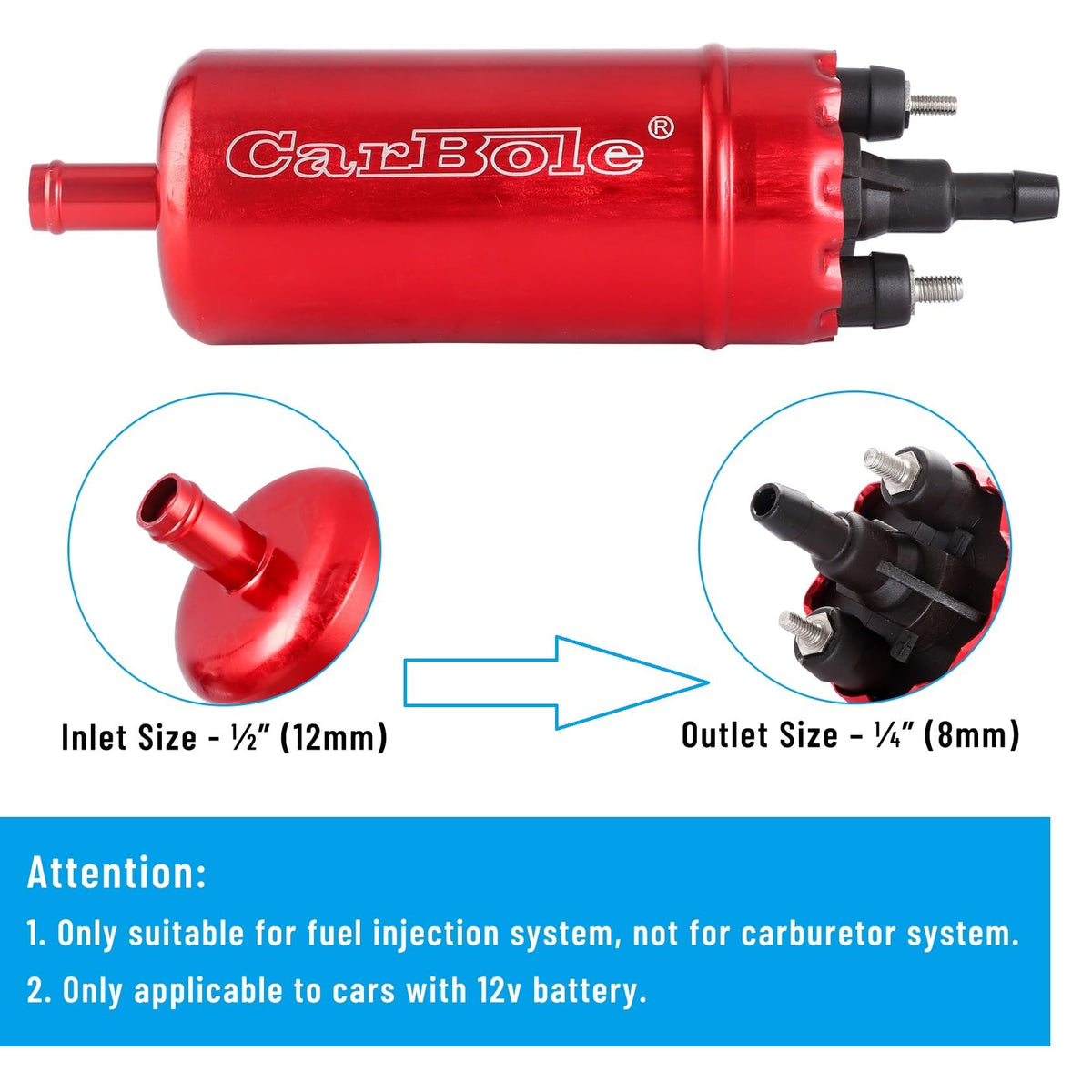 CarBole close-up of pump label and flow direction for correct installation guidance benefit