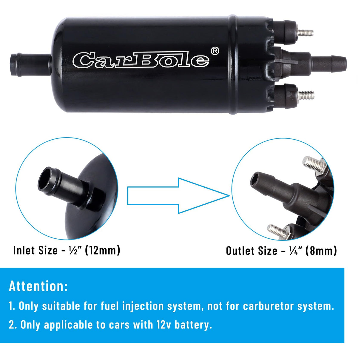 CarBole inlet and outlet connection detail showing hose compatibility benefit