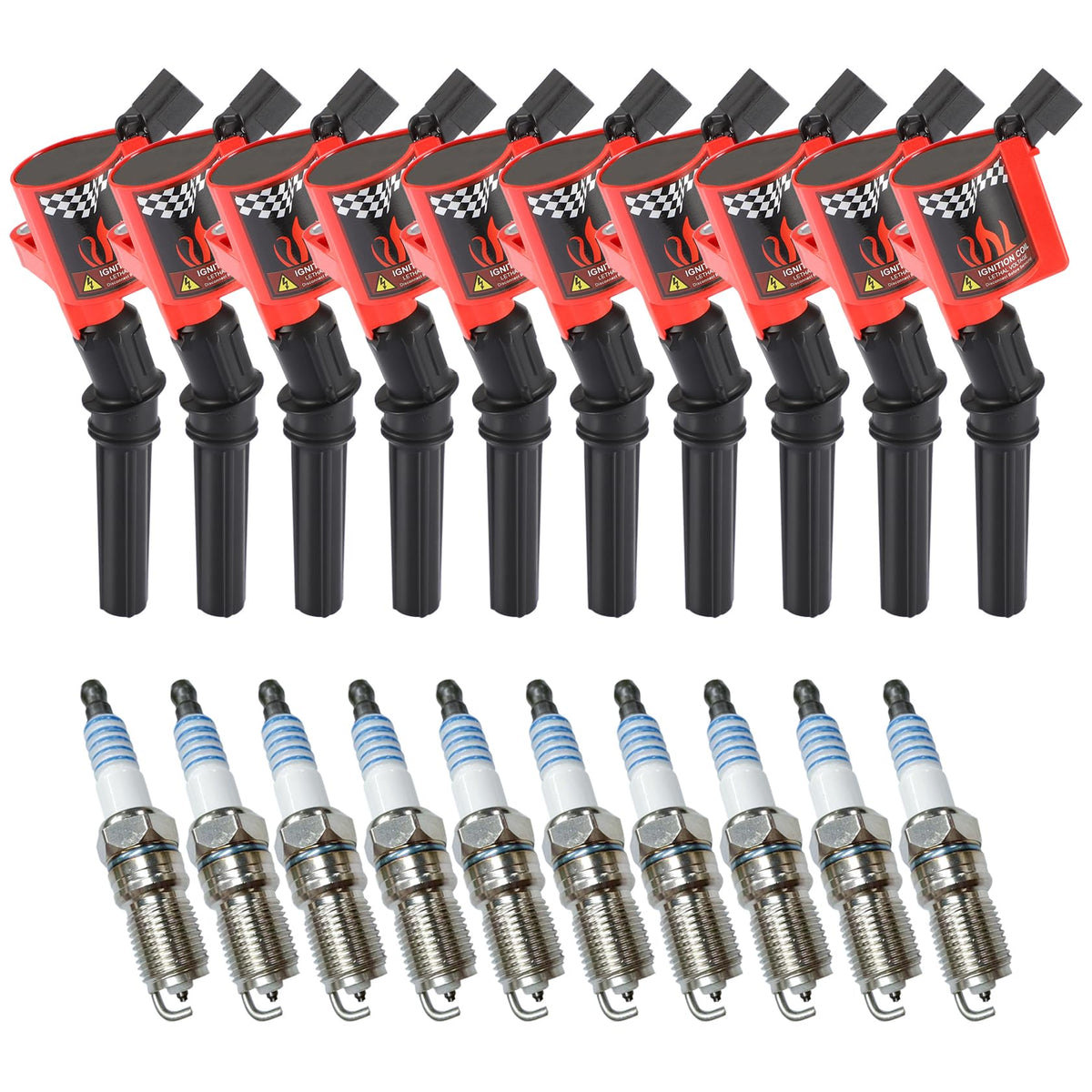 CarBole front package view showing 10 coils and 10 spark plugs for easy replacement