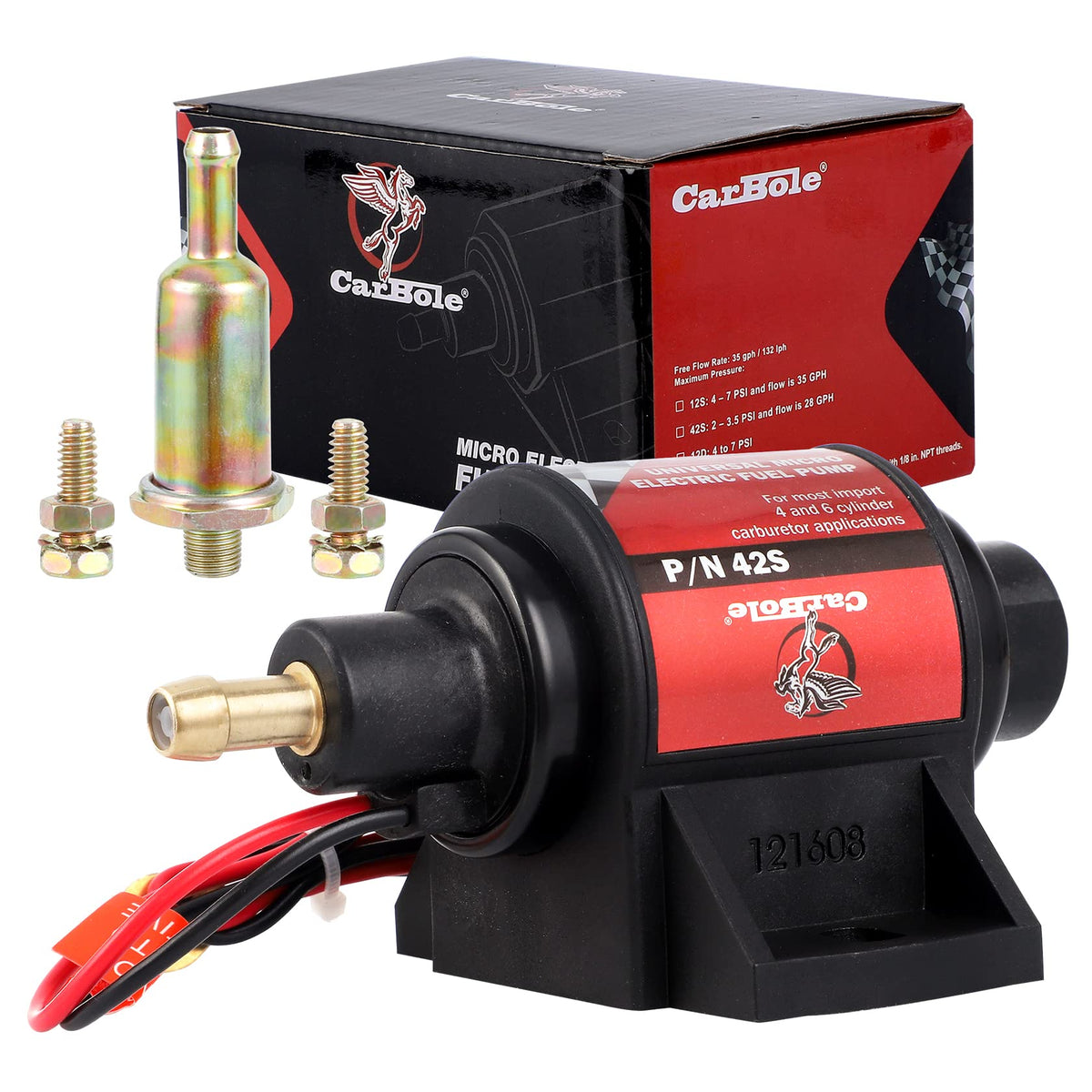 CarBole front view of inline fuel pump showing compact design and easy replacement