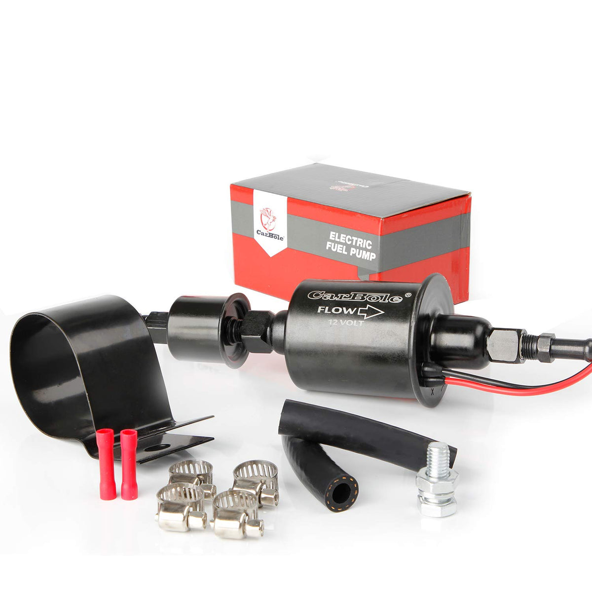 CarBole front view inline fuel pump showing compact body and mounting points for easy fit
