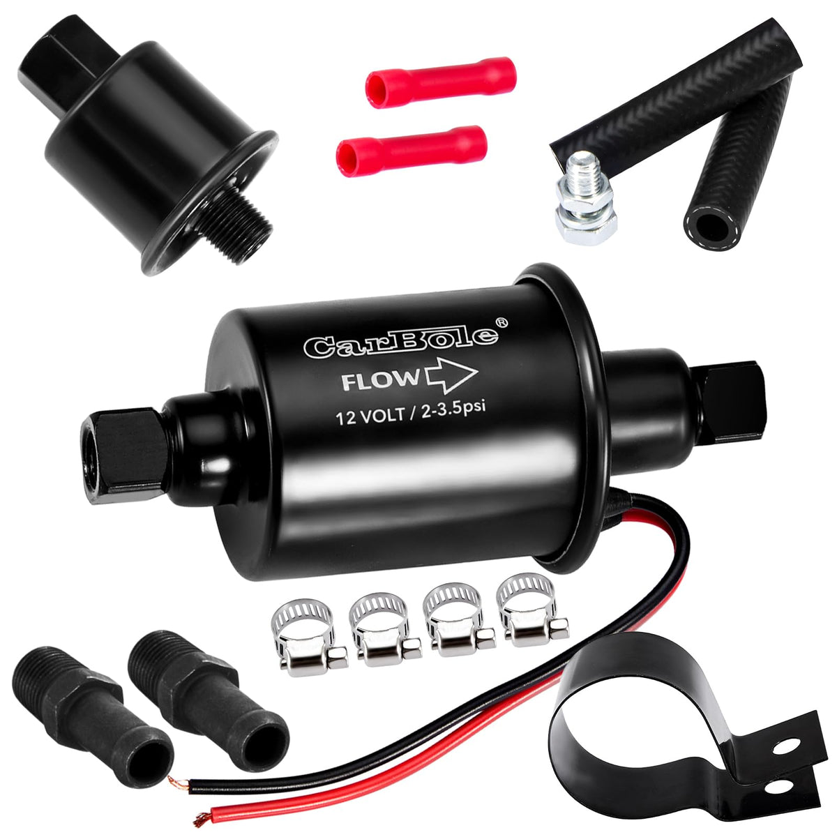 CarBole inline fuel pump front view showing compact housing and terminals for easy installation
