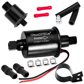 CarBole inline fuel pump front view showing compact housing and terminals for easy installation