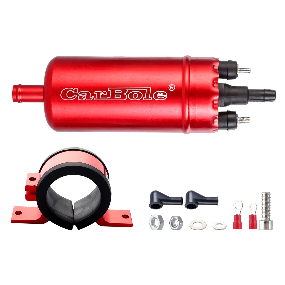 CarBole external in-line fuel pump front view showing compact design and durable housing benefit