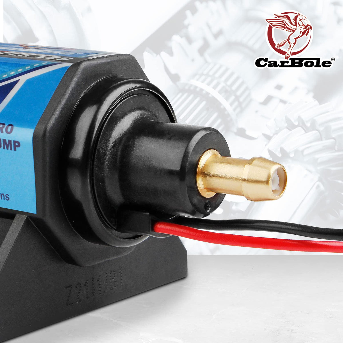 CarBole pump side view with 5/16 inch inlet and outlet for quick hose hookup