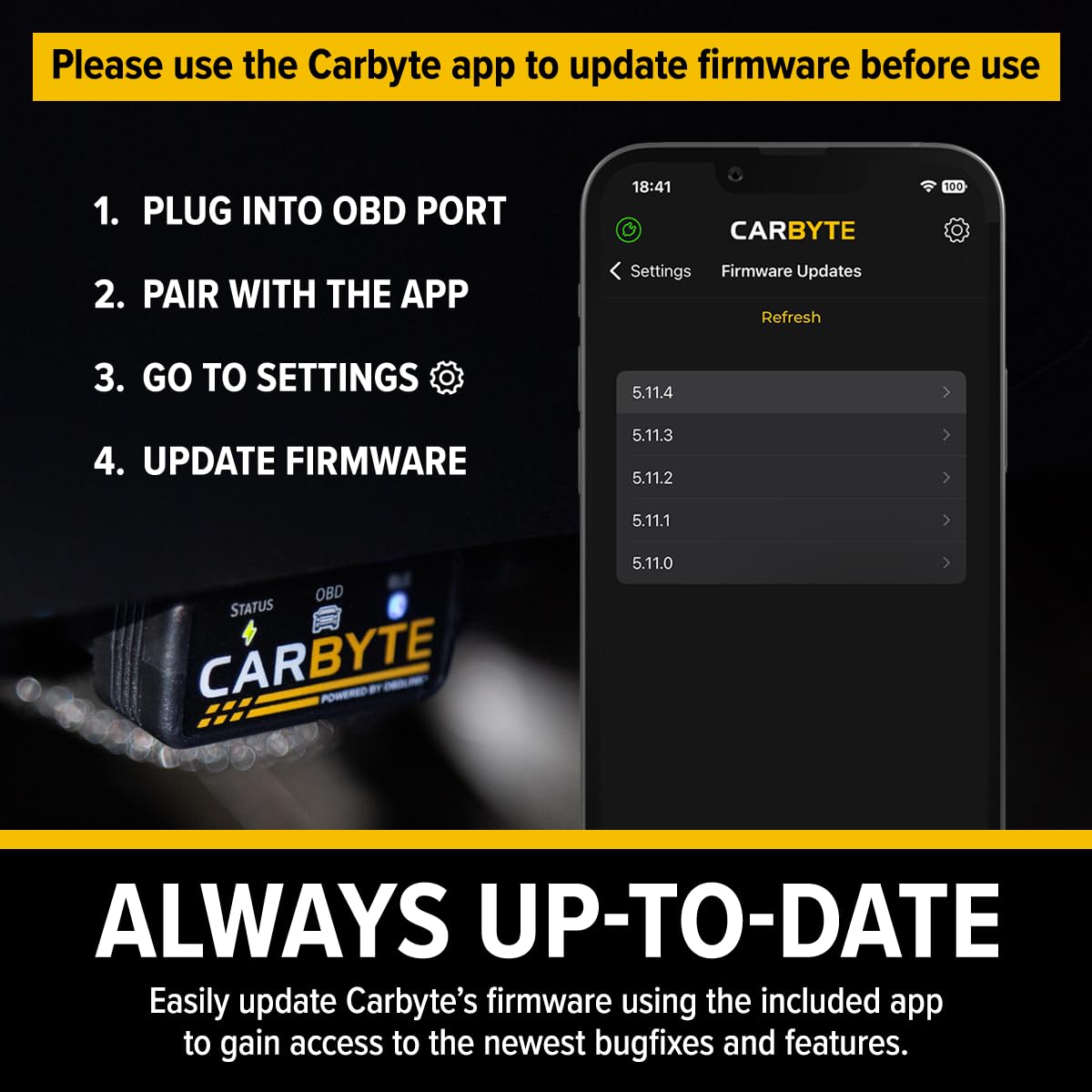 Carbyte plugged into OBD-II port demonstrating simple plug-and-play setup