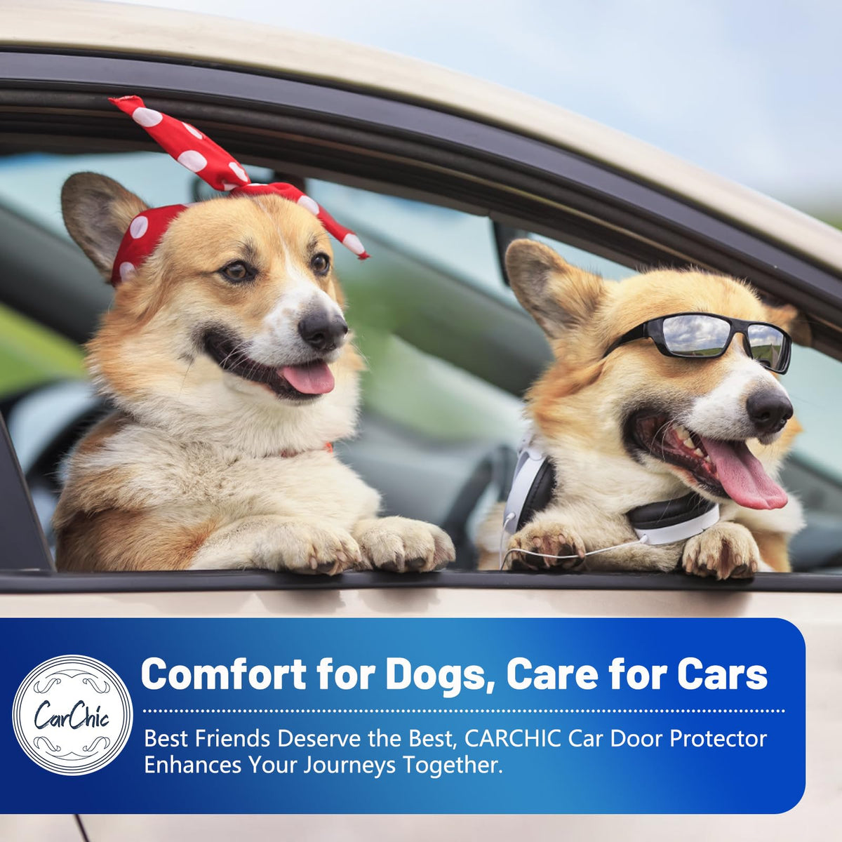 CarChic lifestyle image of dog boarding car with protector offering safety