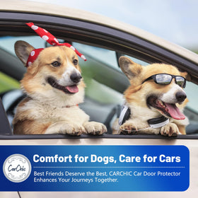 CarChic lifestyle image of dog boarding car with protector offering safety