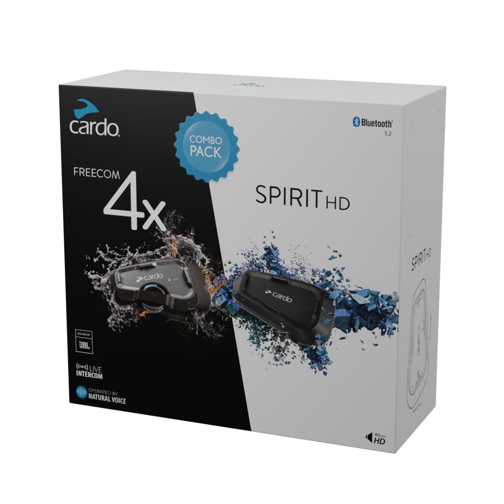 Cardo FREECOM 4X and Spirit HD front view showing both units and clear pairing benefits