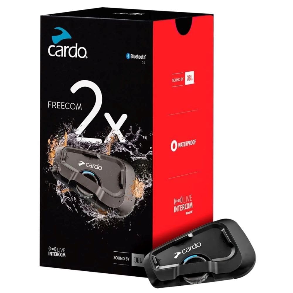 Cardo FREECOM 2X front view showing compact headset and benefits of clear communication