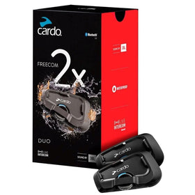 Cardo FREECOM 2X front view showing compact waterproof unit and controls for easy operation