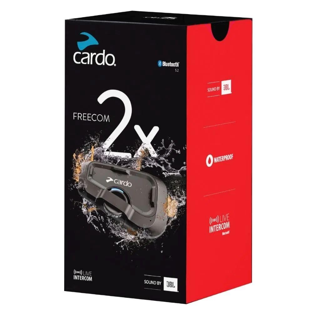 Cardo FREECOM 2X mounted on a motorcycle helmet demonstrating easy installation