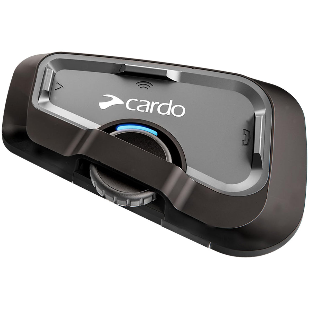 Cardo FREECOM 4X unit mounted on helmet showing controls and secure fit