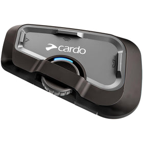 Cardo FREECOM 4X unit mounted on helmet showing controls and secure fit