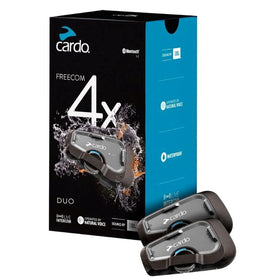 Cardo FREECOM 4X front view showing dual-pack units and controls for reliable communication