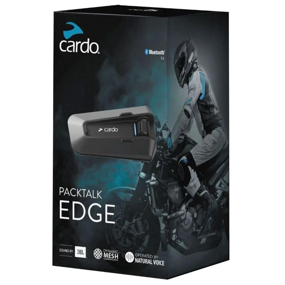 Cardo PACKTALK Edge front view showing dual-unit design and easy pairing benefits