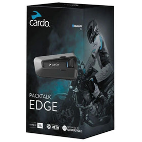 Cardo PACKTALK Edge front view showing dual-unit design and easy pairing benefits