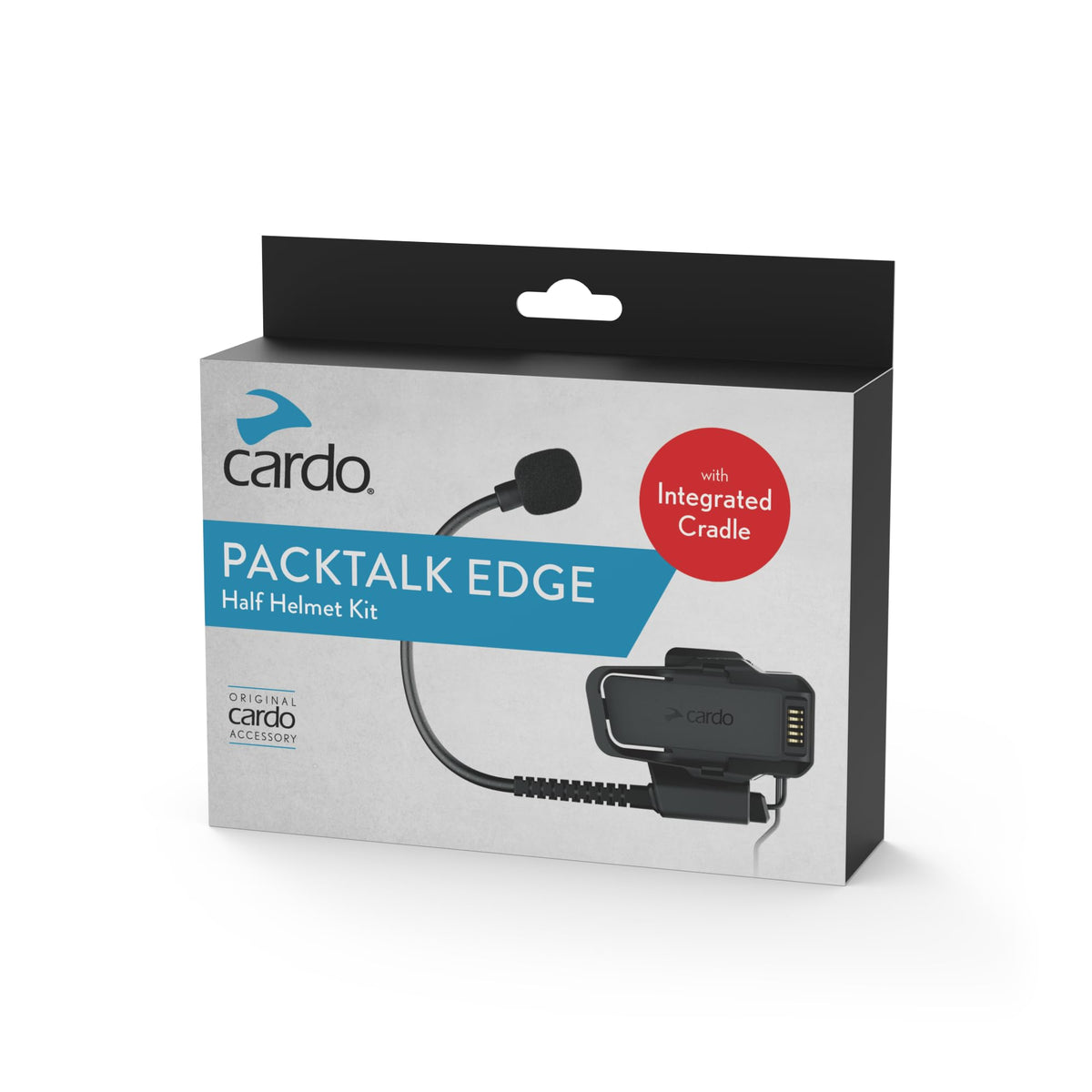 Cardo PACKTALK Edge half helmet kit front mounted showing compact cradle and tidy cable