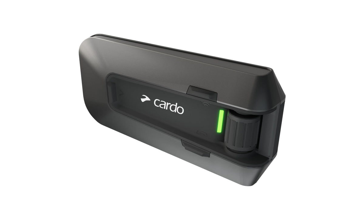 Cardo PACKTALK Edge ORV front view showing compact rugged design and quick install benefit