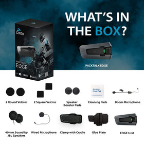 Cardo PACKTALK Edge packaging with warranty card showing three-year coverage
