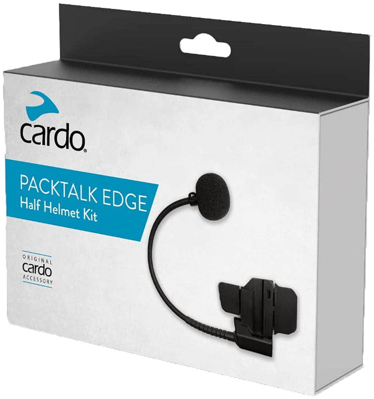 Cardo Packtalk half helmet kit mounted showing extra‑long boom mic for clearer voice