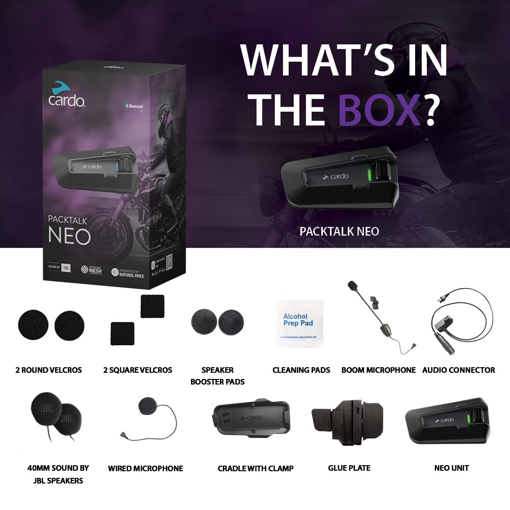 Cardo PACKTALK NEO illustrated range showing 1.6 km mesh network coverage