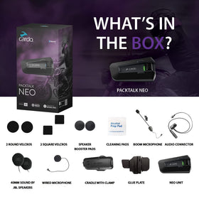 Cardo PACKTALK NEO illustrated range showing 1.6 km mesh network coverage