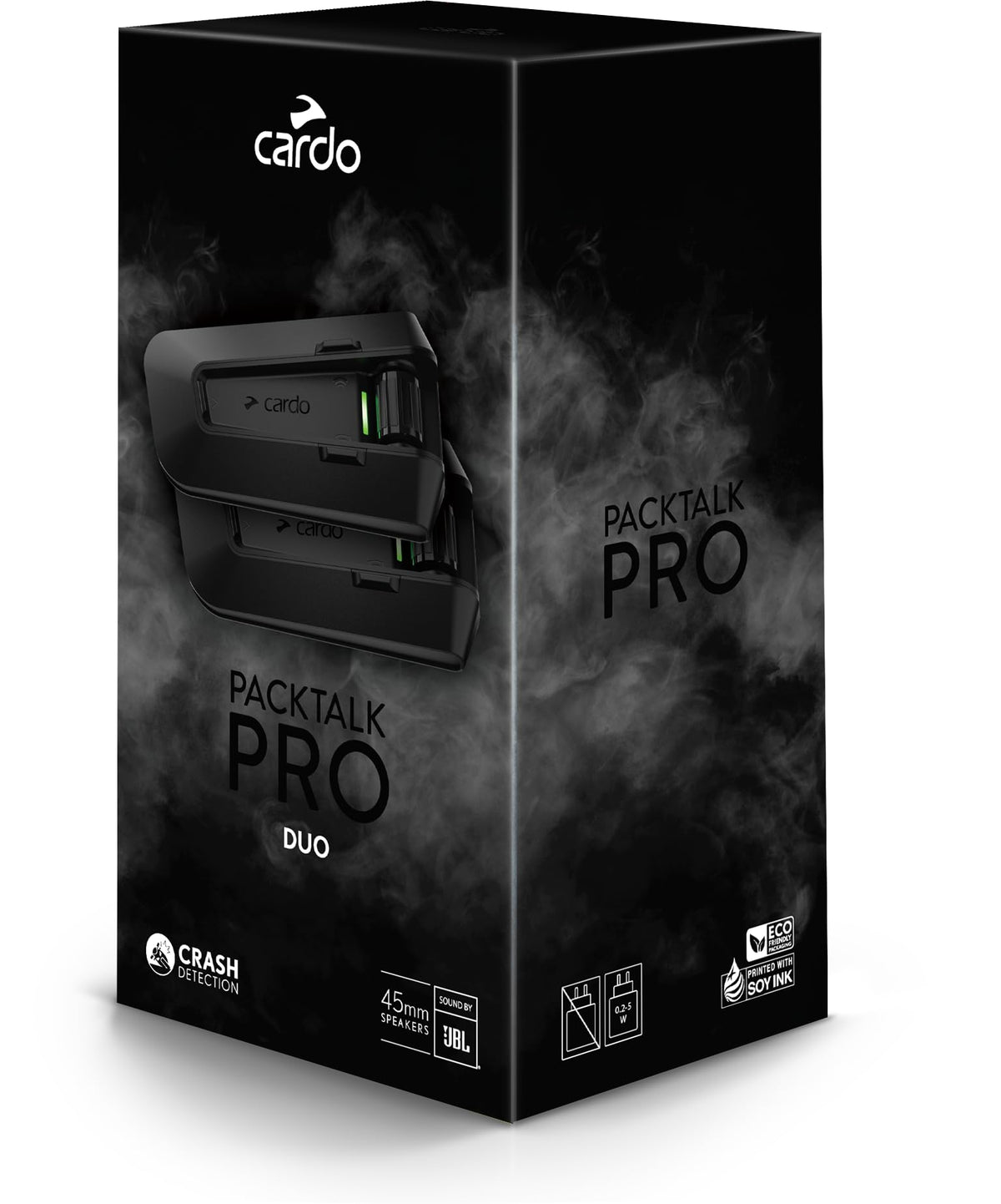 Cardo PACKTALK PRO front view showing controls and sleek matte finish for easy operation