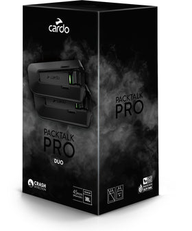 Cardo PACKTALK PRO front view showing controls and sleek matte finish for easy operation