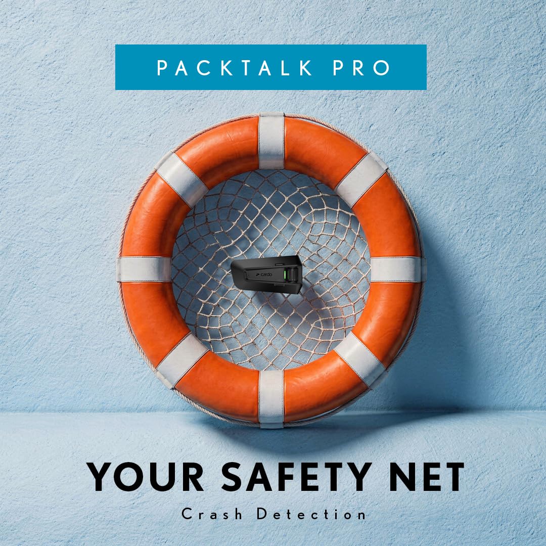 Cardo PACKTALK PRO package contents layout showing device, mount, and accessories included