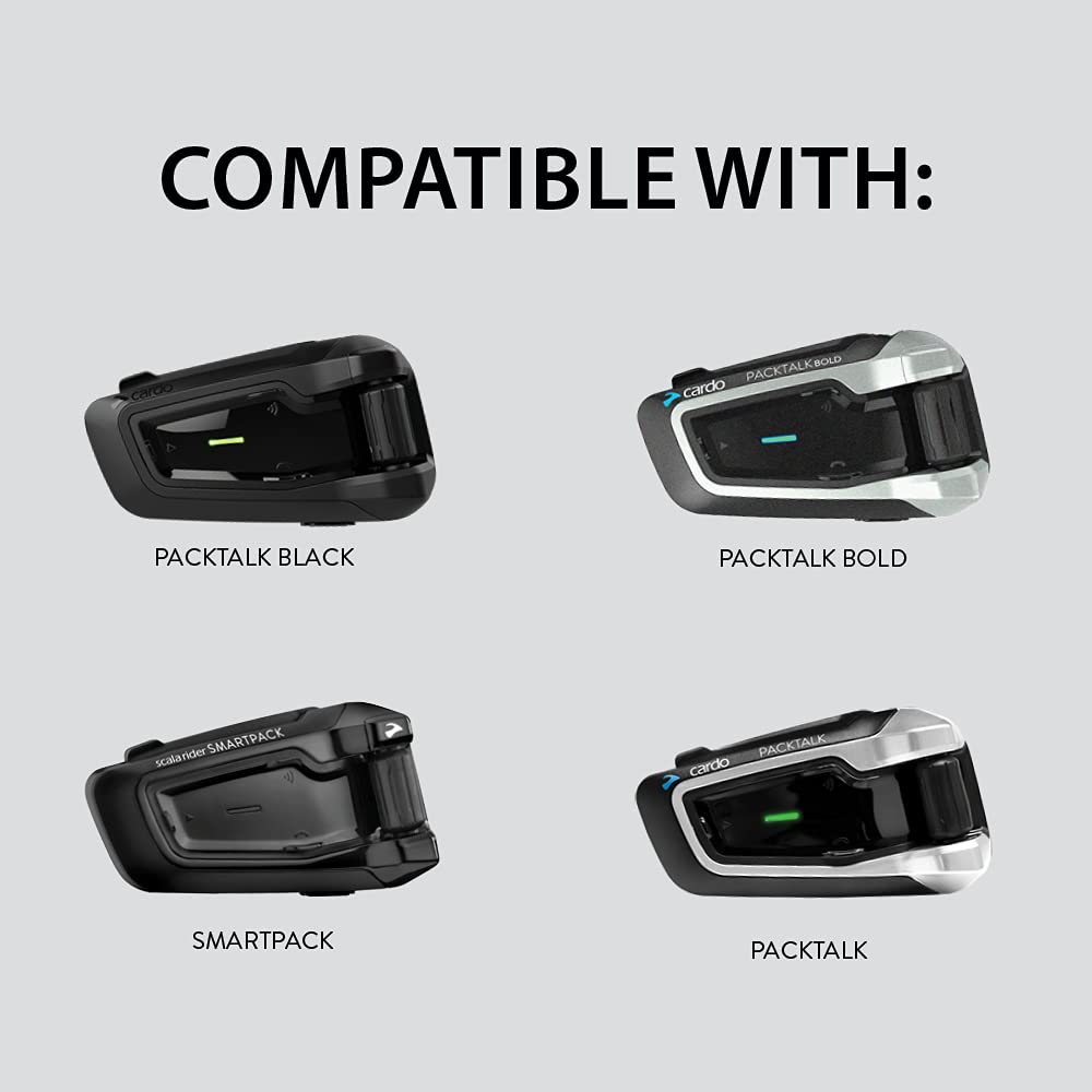 Cardo kit held in hand showing compact size and easy transfer between helmets