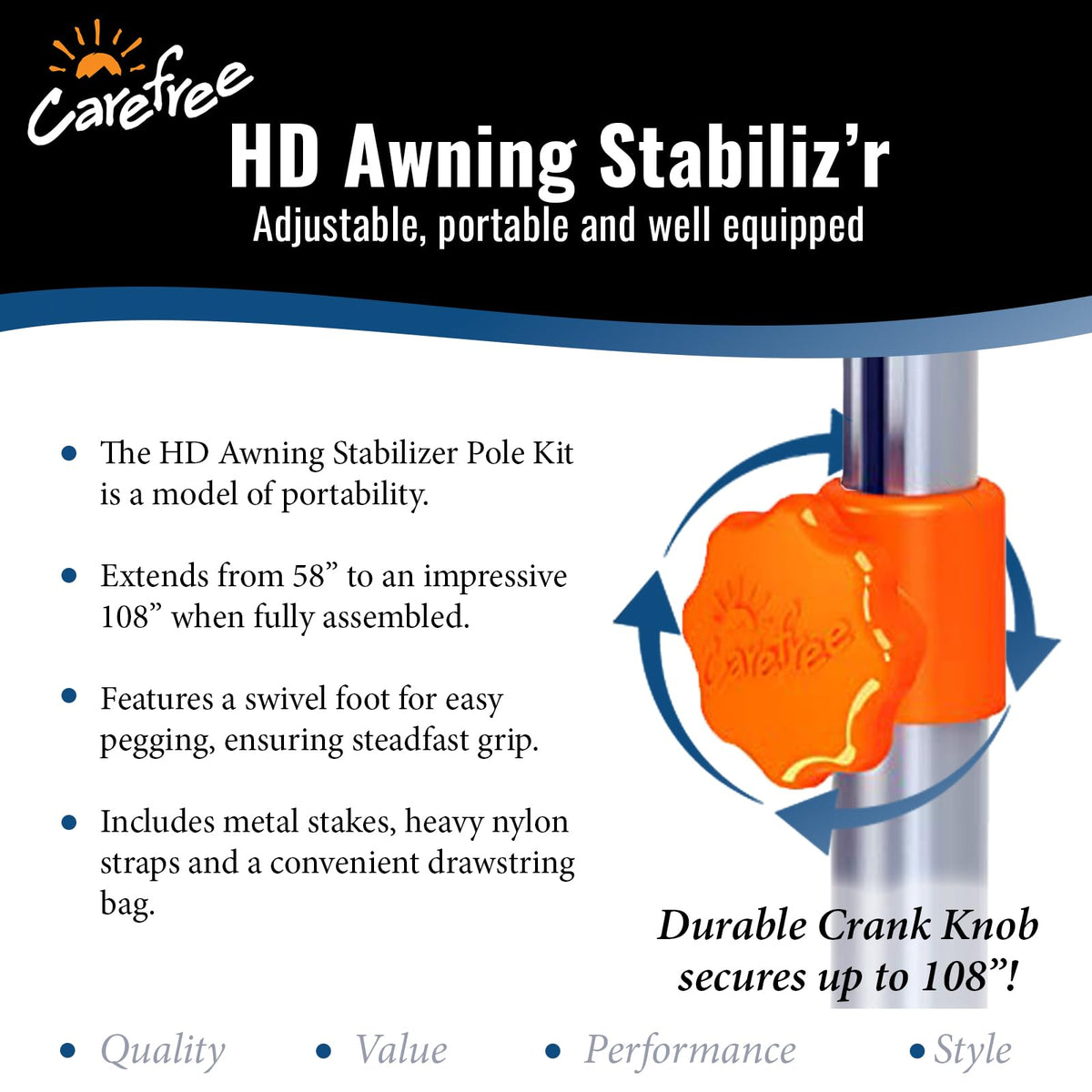 CAREFREE collapsed poles packed in drawstring bag showing easy storage and transport