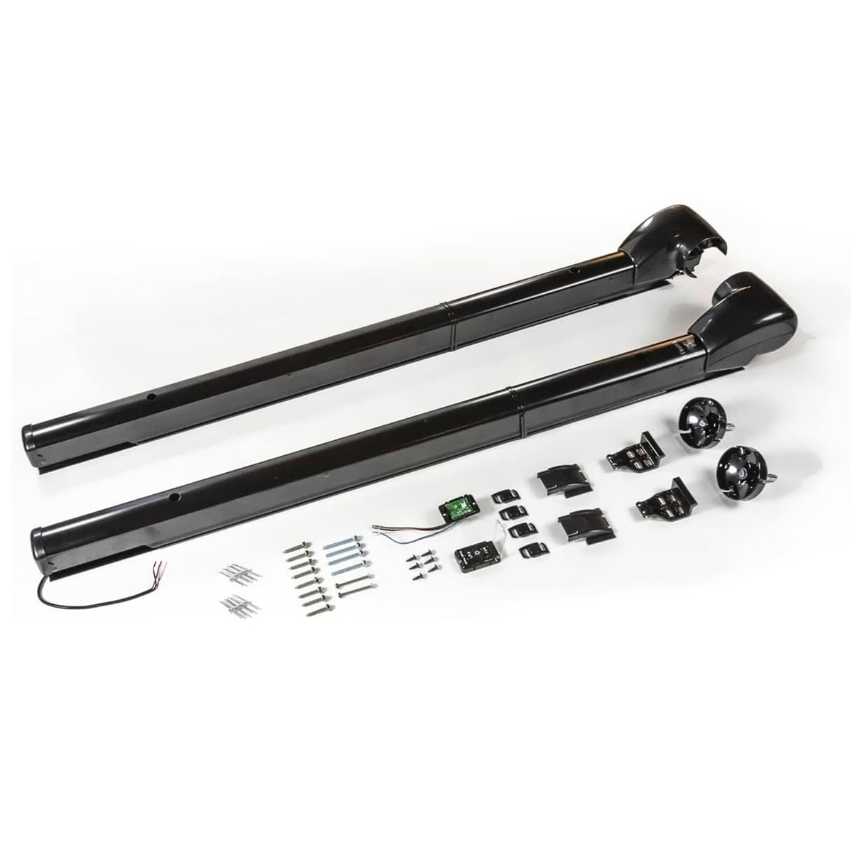 Carefree Compass front-mounted awning arms on RV showing clean black finish and ease of use