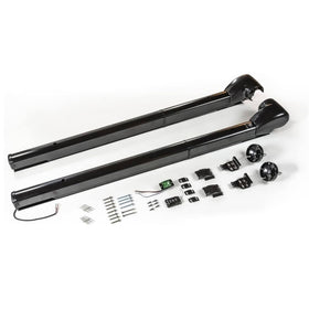 Carefree Compass front-mounted awning arms on RV showing clean black finish and ease of use