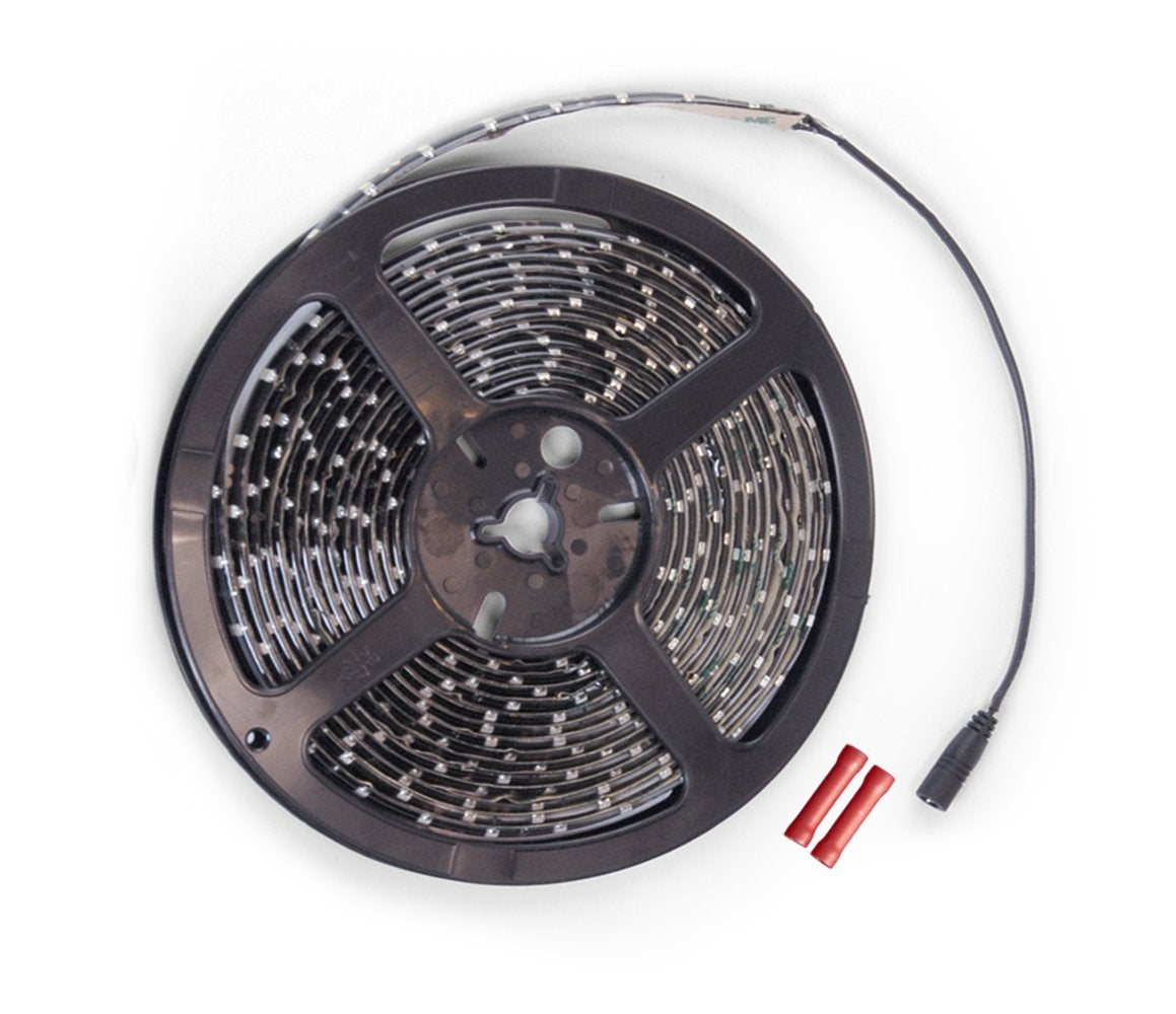 CAREFREE front view of 16-foot white LED strip showing adhesive back and length benefit