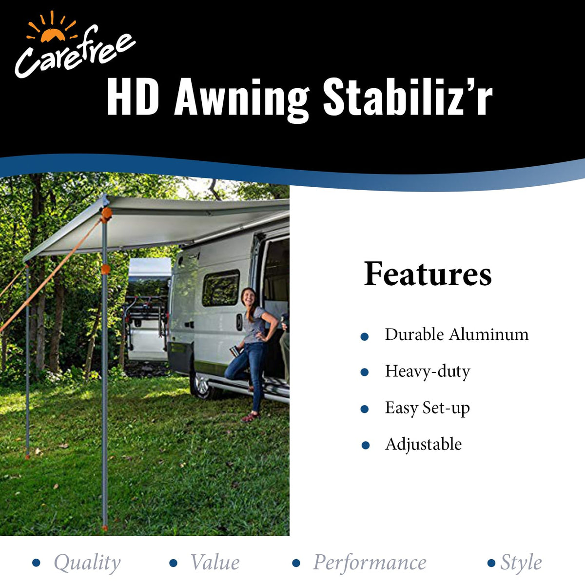 CAREFREE extended poles supporting an RV awning illustrating reliable vertical reinforcement