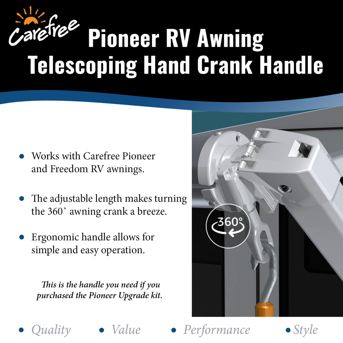 CAREFREE handle next to hand showing scale for comfortable reach benefit