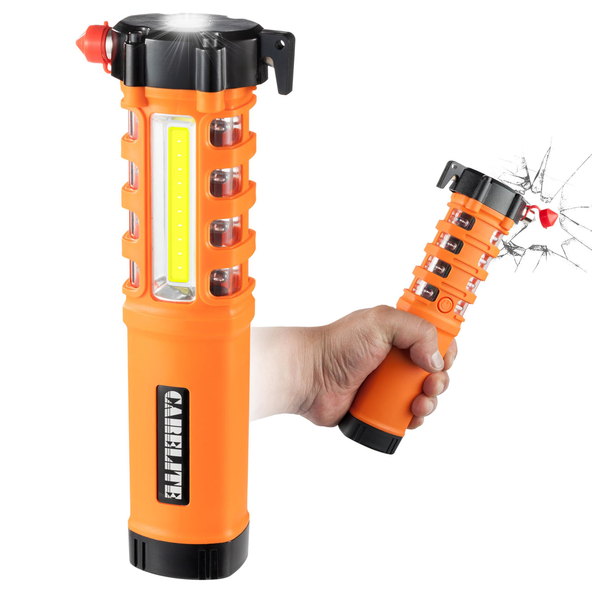 CARELITE front view showing orange body and controls for quick identification and storage