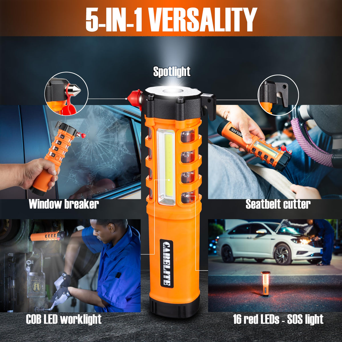 CARELITE concealed seatbelt cutter detail highlighting safe, razor-sharp escape capability