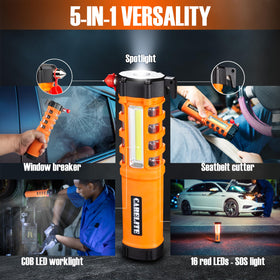 CARELITE concealed seatbelt cutter detail highlighting safe, razor-sharp escape capability