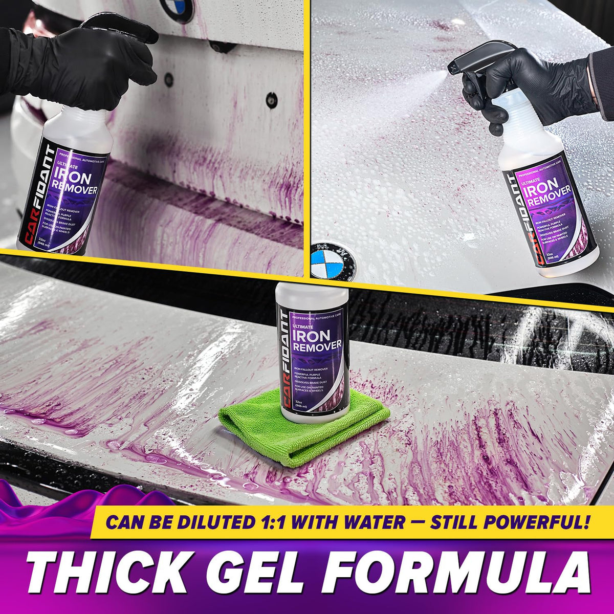 Carfidant purple color-change reacting on iron deposits to show active cleaning visibly