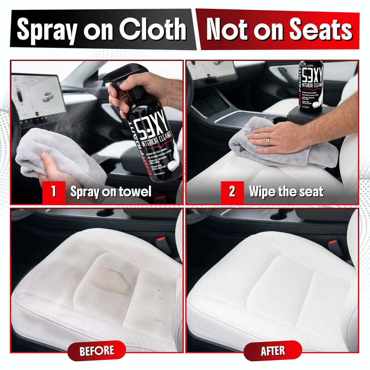 Carfidant cleaning dashboard scene showing safe use on Tesla trim and panels