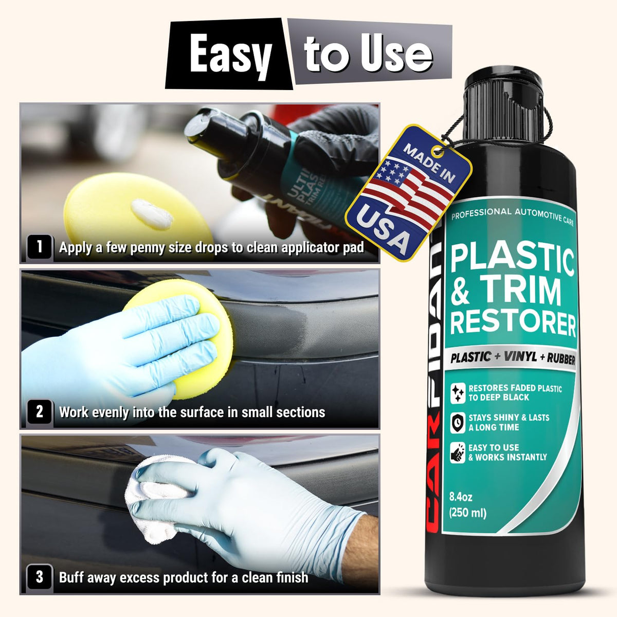 Carfidant treating door trim and rubber seal, rejuvenated look and weather resistance