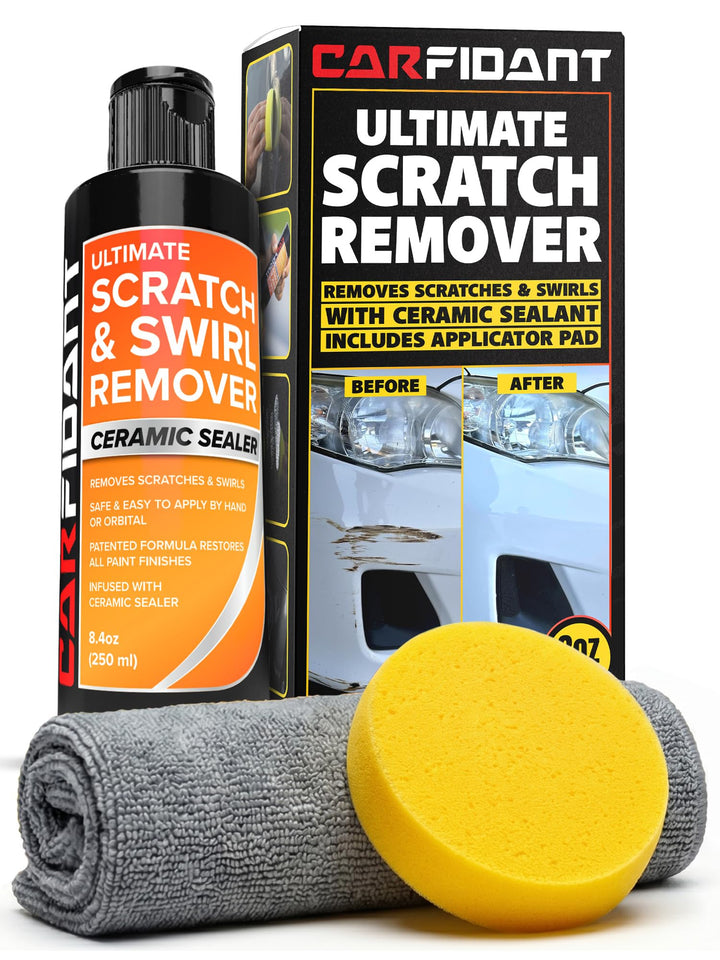 Carfidant front label and bottle showing kit for restoring paint sheen
