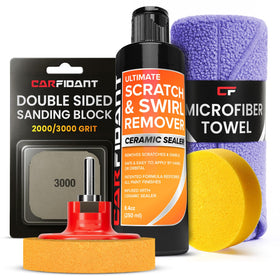 Carfidant kit front packaging showing contents and restoring results